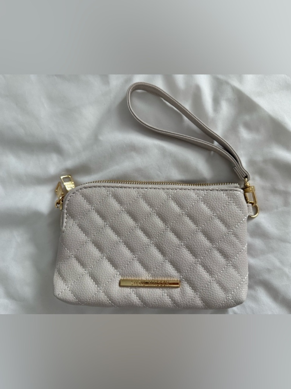 Steve Madden Quilted Wristlet Clutch in Light Gray with Gold Hardware